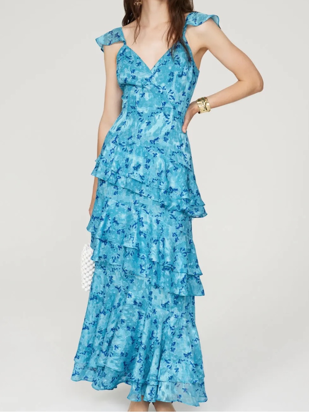 Hutch “Miah” Tiered Ruffle Maxi Gown Blue Floral Print Sz 2 VGUC